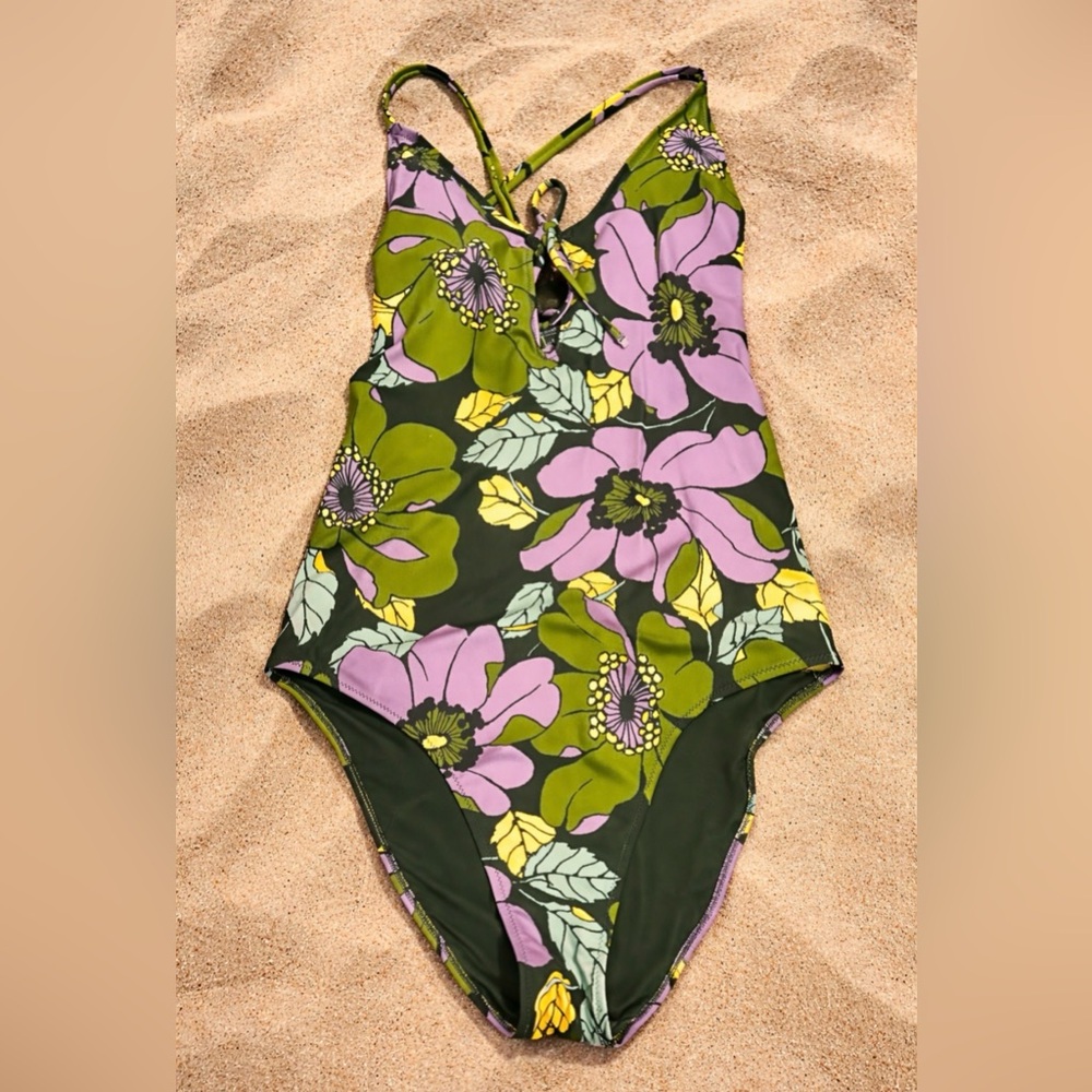 Aerie Green and Purple Floral One Piece Swimsuit